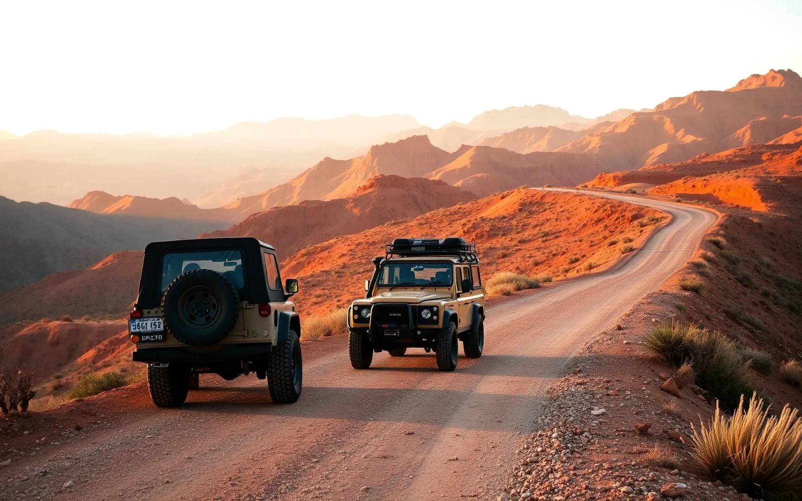 4x4 sur une route de montagne ocre dans l'Anti-Atlas au sud d'Agadir
