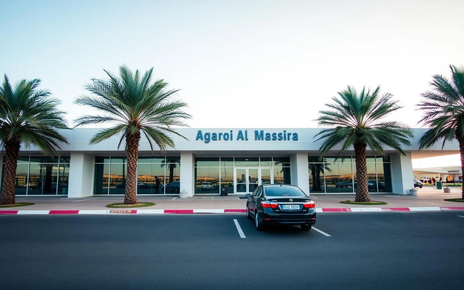 Terminal de l'aéroport Agadir Al Massira avec palmiers et zone de prise en charge des voitures de location