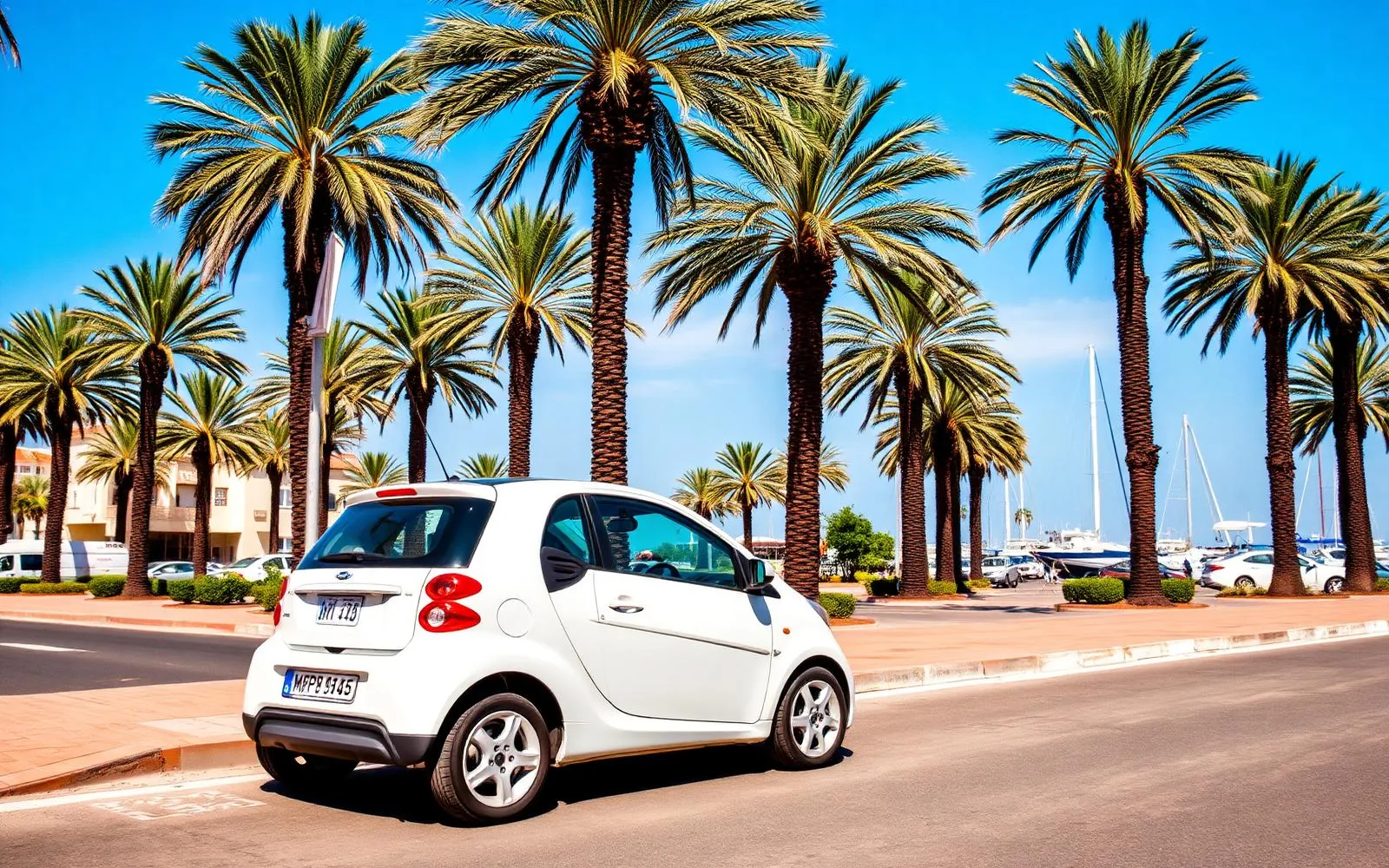 Citadine blanche garée sur une avenue bordée de palmiers près de la marina d'Agadir
