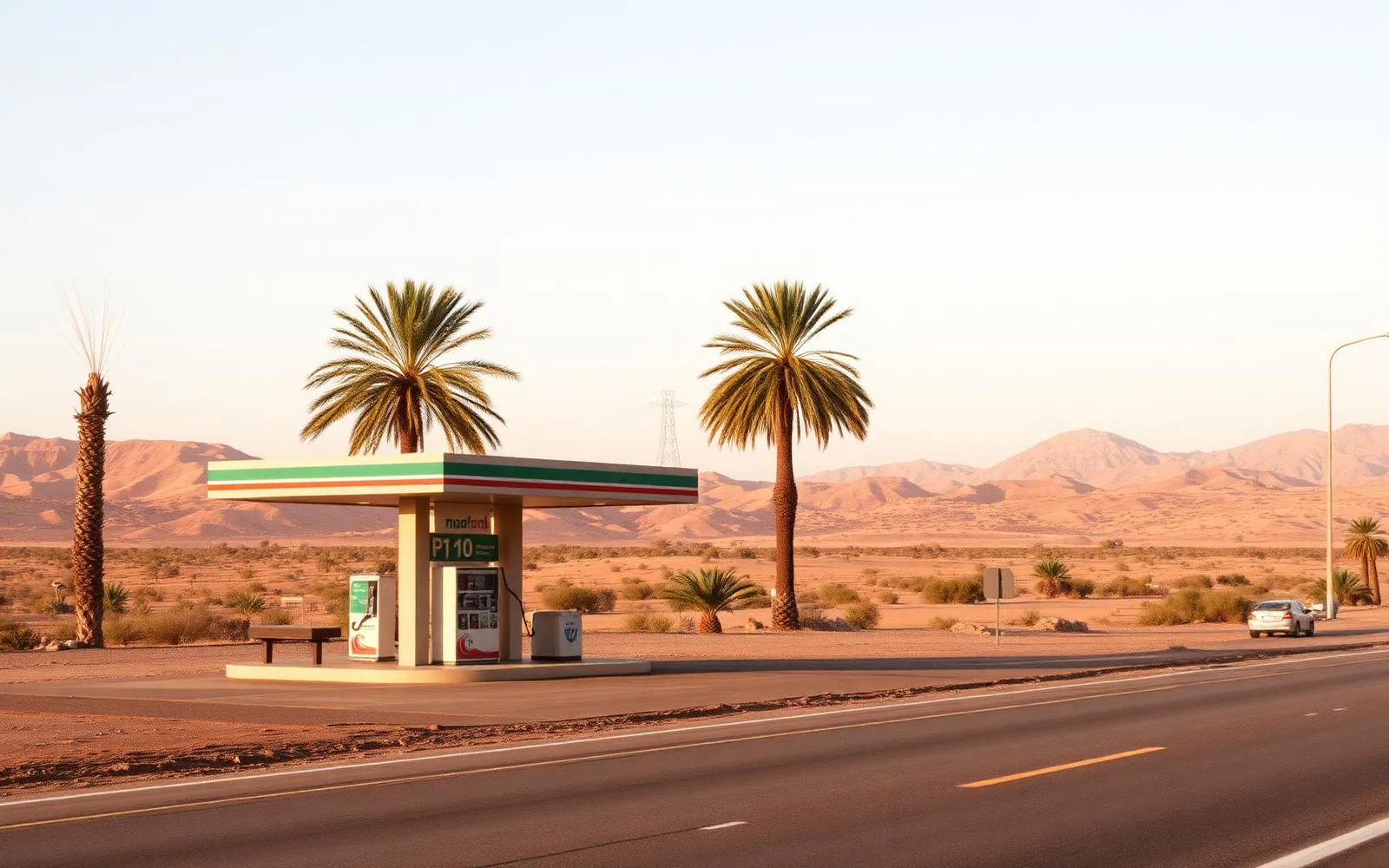 Station-service isolée sur une route du sud marocain, entourée de palmiers et de montagnes
