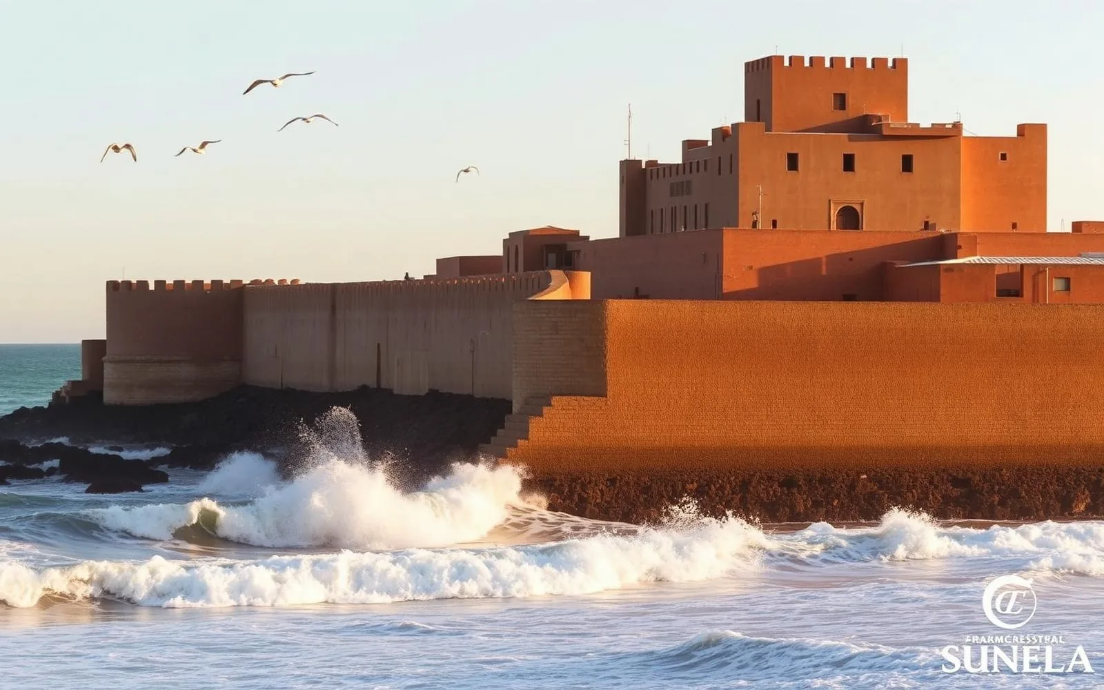Remparts fortifiés d'Essaouira face à l'océan Atlantique au coucher du soleil