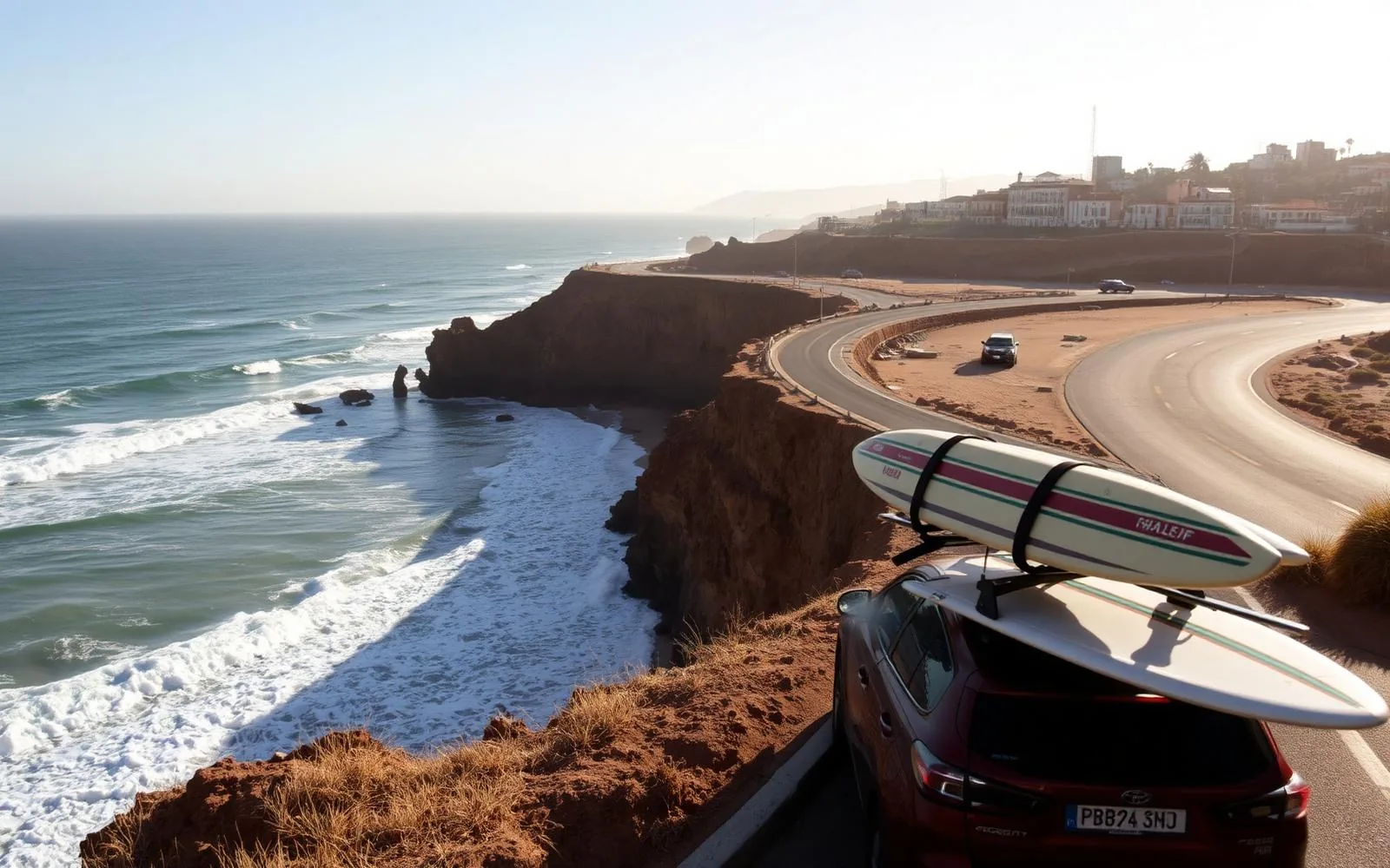 Route côtière atlantique vers Taghazout, spots de surf et falaises