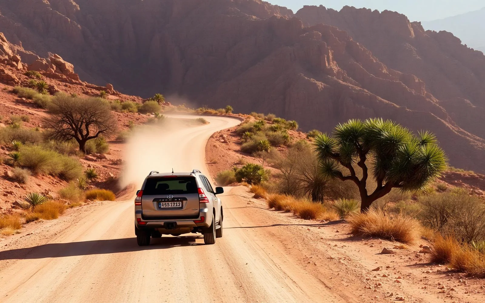 SUV sur une piste de terre serpentant vers Paradise Valley dans l'Anti-Atlas