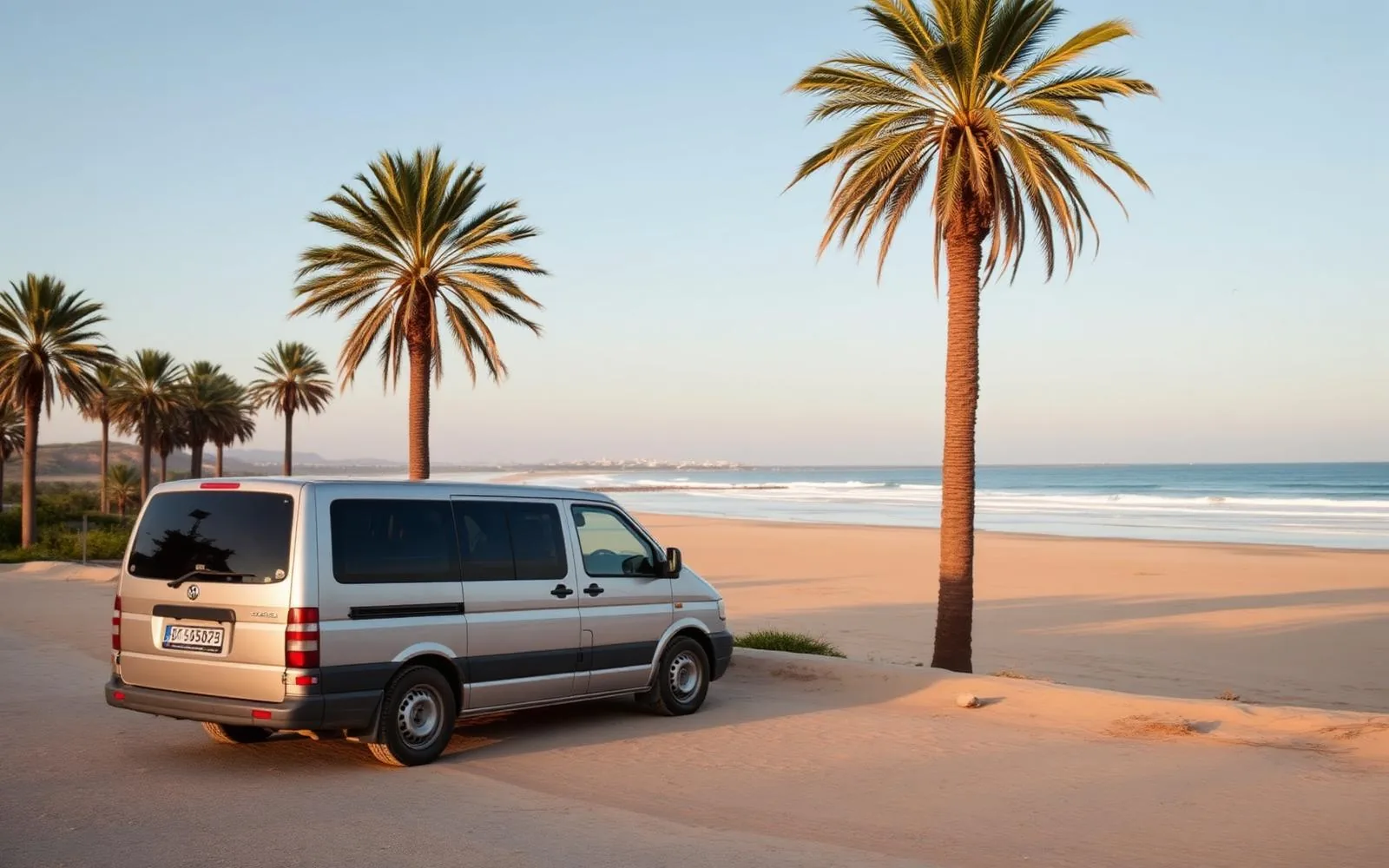 Van familial garé face à une longue plage atlantique au sud d'Agadir